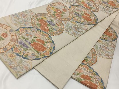 平和屋着物◎六通柄袋帯 花絵皿 金糸 正絹 逸品 CAAT8771kb