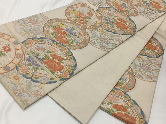 平和屋着物◎六通柄袋帯 花絵皿 金糸 正絹 逸品 CAAT8771kb