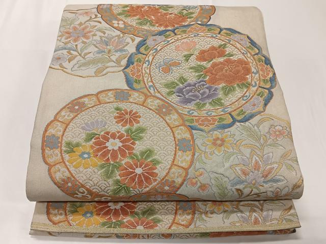 平和屋着物◎六通柄袋帯 花絵皿 金糸 正絹 逸品 CAAT8771kb