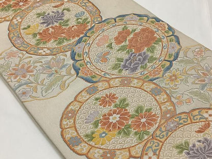 平和屋着物◎六通柄袋帯 花絵皿 金糸 正絹 逸品 CAAT8771kb