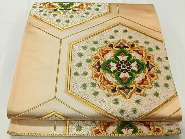 平和屋着物◎六通柄袋帯 唐織 亀甲花文 金糸 正絹 逸品 CAAT8781kb
