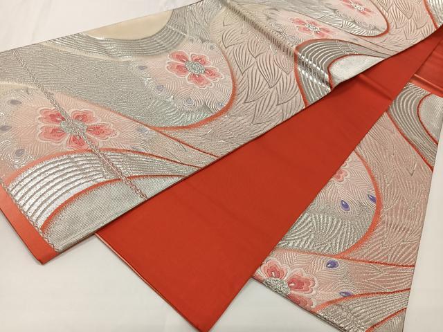 平和屋着物◎六通柄袋帯 唐織 孔雀羽花文 銀糸 正絹 逸品 CAAT8791kb