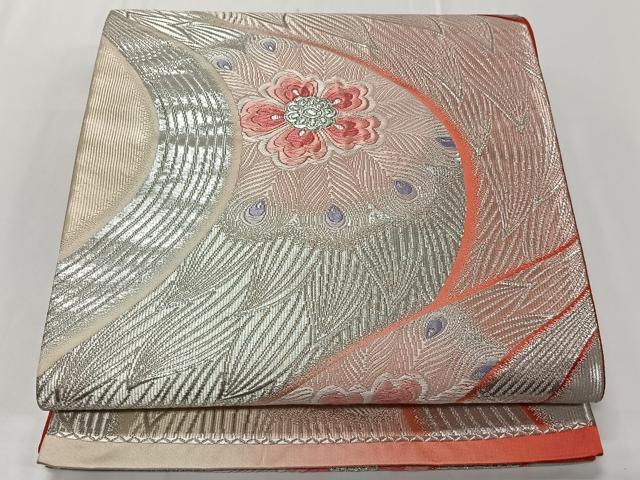 平和屋着物◎六通柄袋帯 唐織 孔雀羽花文 銀糸 正絹 逸品 CAAT8791kb