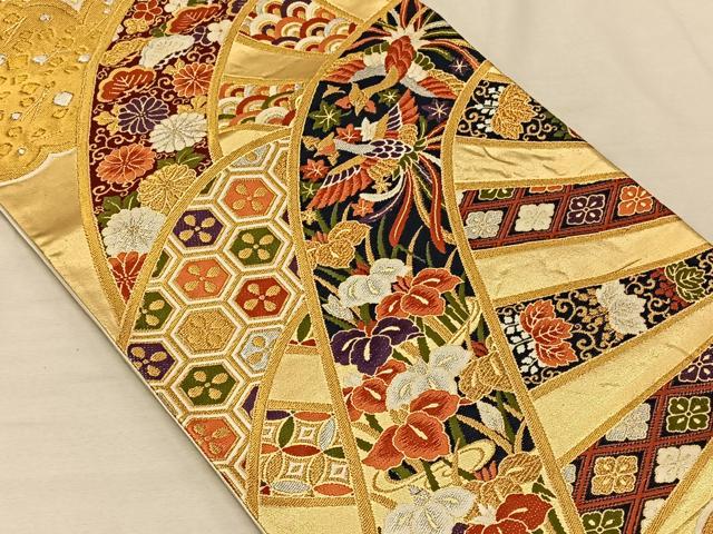 平和屋着物◎六通柄袋帯 唐織 片輪車鳳凰花文 金銀糸 正絹 逸品 CAAT8984qv