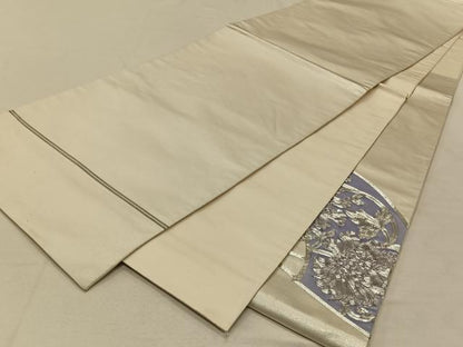 平和屋着物◎太鼓柄袋帯 駒刺繍 扇面草花文 銀糸 正絹 逸品 CAAT8991qv