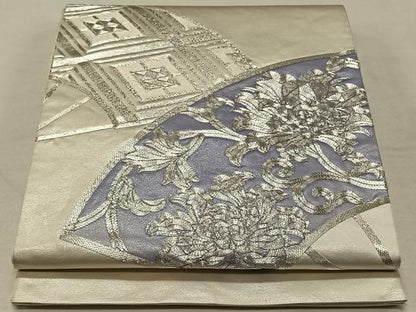 平和屋着物◎太鼓柄袋帯 駒刺繍 扇面草花文 銀糸 正絹 逸品 CAAT8991qv