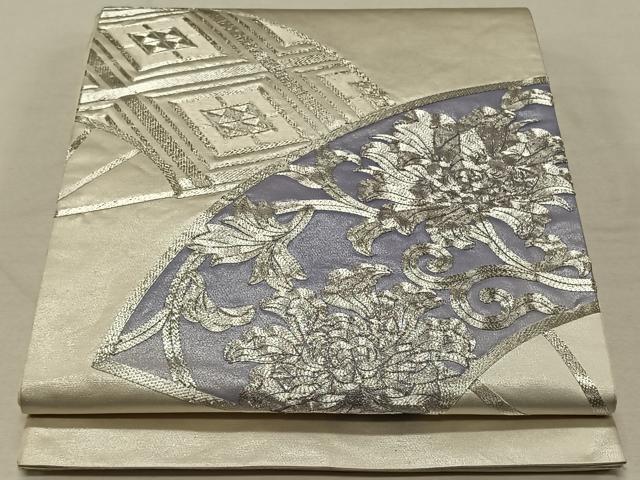 平和屋着物◎太鼓柄袋帯 駒刺繍 扇面草花文 銀糸 正絹 逸品 CAAT8991qv