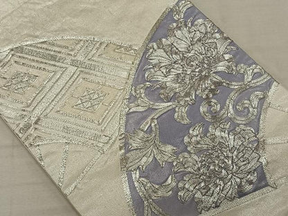 平和屋着物◎太鼓柄袋帯 駒刺繍 扇面草花文 銀糸 正絹 逸品 CAAT8991qv