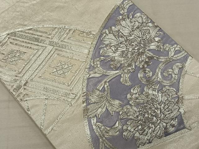 平和屋着物◎太鼓柄袋帯 駒刺繍 扇面草花文 銀糸 正絹 逸品 CAAT8991qv