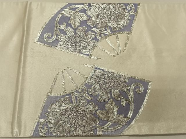 平和屋着物◎太鼓柄袋帯 駒刺繍 扇面草花文 銀糸 正絹 逸品 CAAT8991qv
