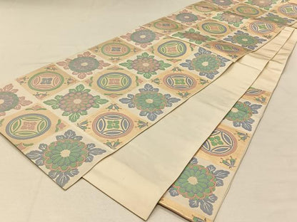 平和屋着物◎六通柄 本袋帯 市松吉祥花文 金糸 正絹 逸品 CAAT8992qv