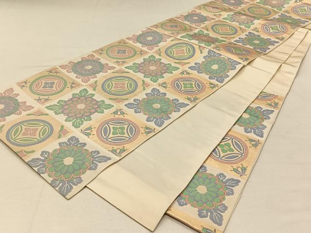 平和屋着物◎六通柄 本袋帯 市松吉祥花文 金糸 正絹 逸品 CAAT8992qv
