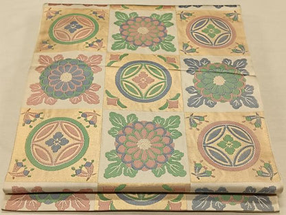 平和屋着物◎六通柄 本袋帯 市松吉祥花文 金糸 正絹 逸品 CAAT8992qv