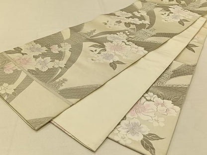平和屋着物◎六通柄袋帯 唐織 九百錦 風景花文 プラチナ箔 正絹 逸品 CAAT8996qv