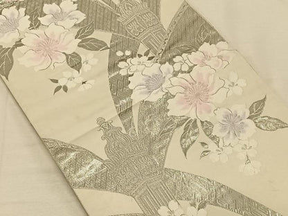 平和屋着物◎六通柄袋帯 唐織 九百錦 風景花文 プラチナ箔 正絹 逸品 CAAT8996qv