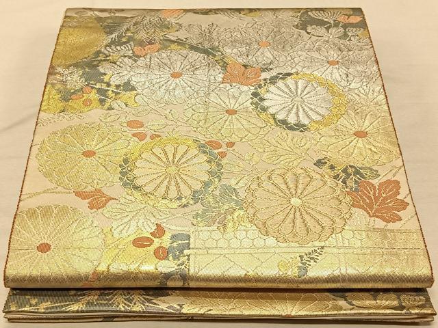 平和屋着物◎西陣 服部織物謹製 六通柄袋帯 こはく錦 吉祥花鳥文 二重箔織 正絹 逸品 CAAT8999qv