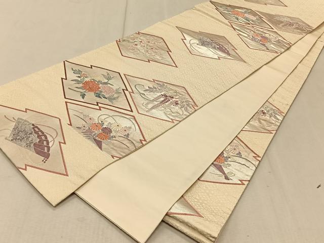 平和屋着物◎六通柄袋帯 唐織 松皮菱草花文 銀糸 正絹 逸品 CAAT9035qv