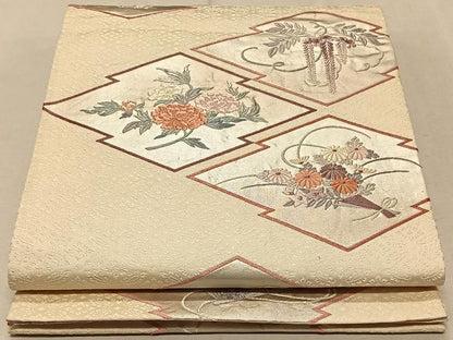 平和屋着物◎六通柄袋帯 唐織 松皮菱草花文 銀糸 正絹 逸品 CAAT9035qv