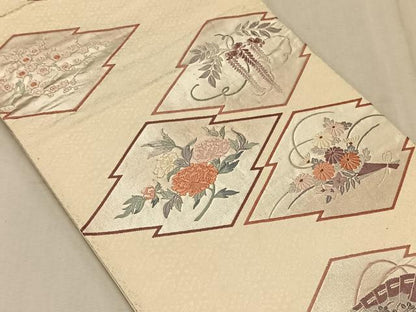 平和屋着物◎六通柄袋帯 唐織 松皮菱草花文 銀糸 正絹 逸品 CAAT9035qv