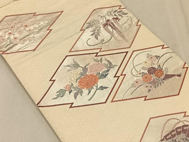 平和屋着物◎六通柄袋帯 唐織 松皮菱草花文 銀糸 正絹 逸品 CAAT9035qv
