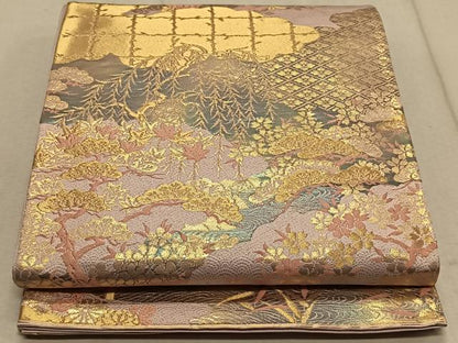 平和屋着物◎六通柄袋帯 雲取り渡り橋花文 金糸 正絹 逸品 CAAT9066qv
