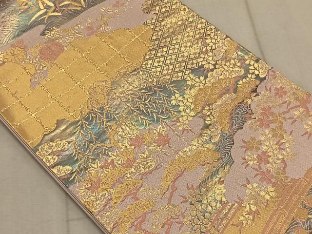平和屋着物◎六通柄袋帯 雲取り渡り橋花文 金糸 正絹 逸品 CAAT9066qv