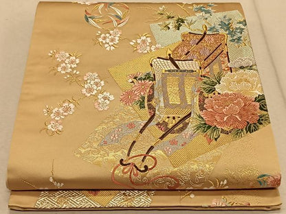 平和屋着物◎六通柄袋帯 唐織 御所車花文 金糸 正絹 逸品 CAAT9069qv