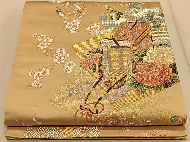 平和屋着物◎六通柄袋帯 唐織 御所車花文 金糸 正絹 逸品 CAAT9069qv