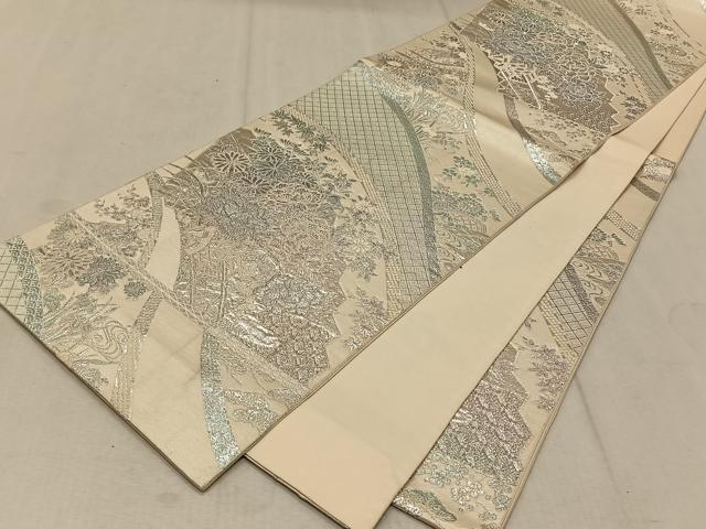 平和屋着物◎六通柄袋帯 地紙花車文 銀糸 正絹 逸品 CAAT9110qv