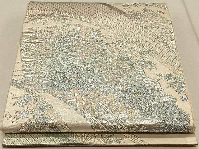 平和屋着物◎六通柄袋帯 地紙花車文 銀糸 正絹 逸品 CAAT9110qv