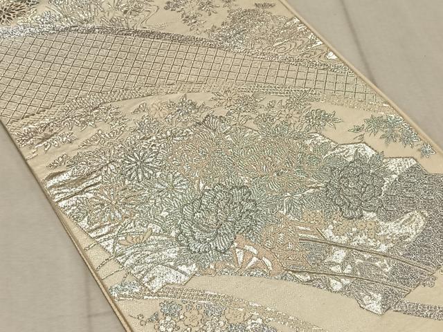 平和屋着物◎六通柄袋帯 地紙花車文 銀糸 正絹 逸品 CAAT9110qv