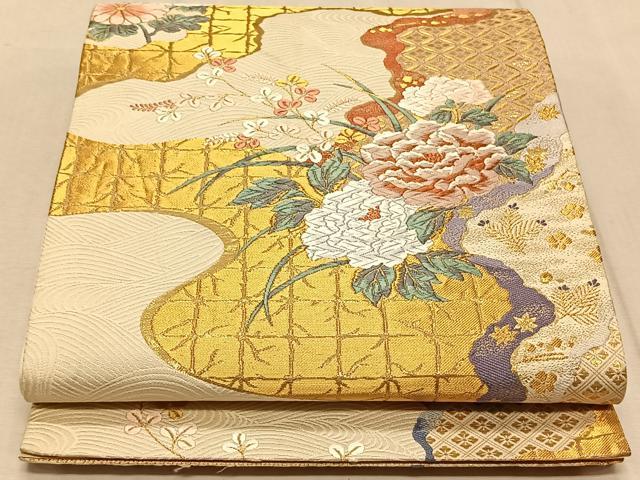 平和屋着物◎六通柄袋帯 唐織 道長花文 金糸 正絹 逸品 CAAT9117qv