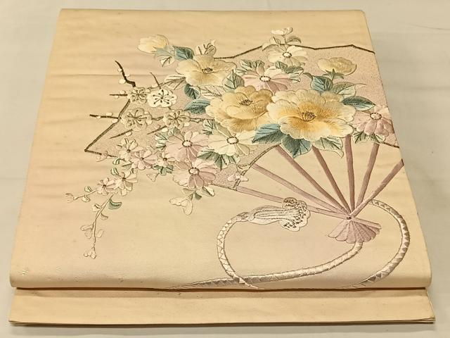 平和屋着物◎太鼓柄袋帯 総刺繍 檜扇花文 金銀糸 引箔 正絹 逸品 CAAT9180qv