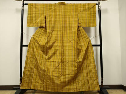 平和屋着物▽本場縞大島紬 単衣 格子柄 正絹 逸品 CAAT9202dy