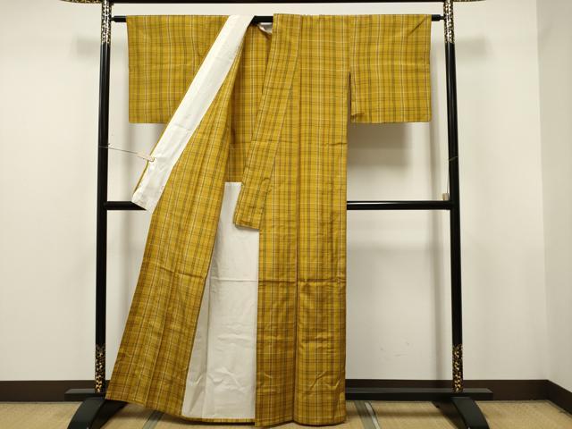 平和屋着物▽本場縞大島紬 単衣 格子柄 正絹 逸品 CAAT9202dy