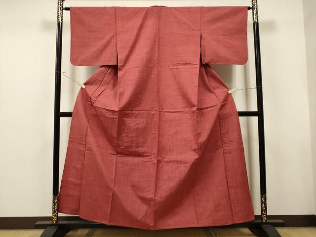 平和屋着物▽上質な紬　単衣　色無地　臙脂色　正絹　逸品　CAAT9212dy
