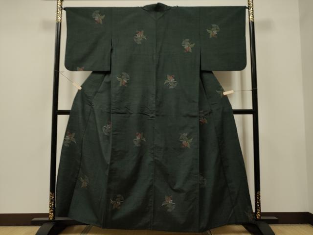 平和屋着物▽上質な紬 単衣 草花文 正絹 逸品 CAAT9213dy