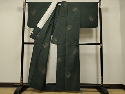 平和屋着物▽上質な紬 単衣 草花文 正絹 逸品 CAAT9213dy