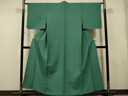 平和屋着物▽上質な色無地 単衣 お召縮緬 花緑青色 正絹 逸品 CAAT9214dy