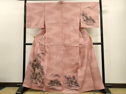 平和屋着物▽訪問着 単衣 紬地 手描き 樹林文 金銀彩 正絹 逸品 CAAT9386dy