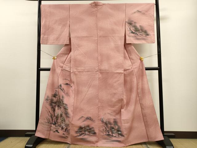 平和屋着物▽訪問着 単衣 紬地 手描き 樹林文 金銀彩 正絹 逸品 CAAT9386dy