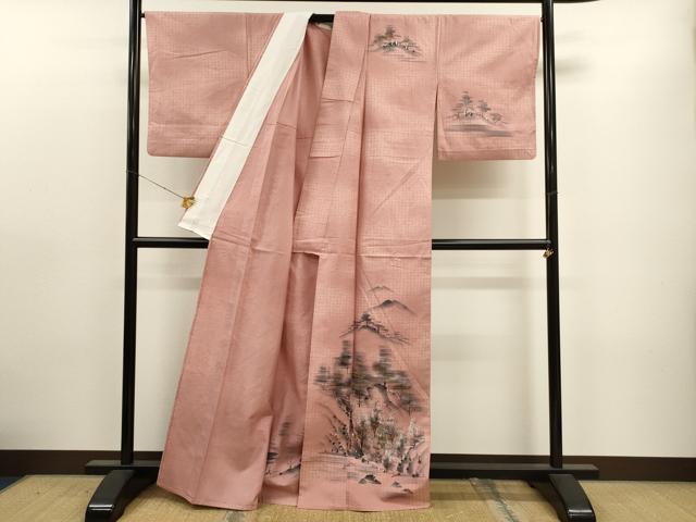 平和屋着物▽訪問着 単衣 紬地 手描き 樹林文 金銀彩 正絹 逸品 CAAT9386dy