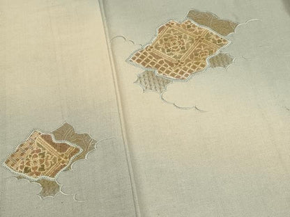 平和屋着物▽中国三大刺繍 スワトウ刺繍 訪問着 単衣 紬地 破れ色紙天井花文 金糸 正絹 逸品 CAAT9394dy