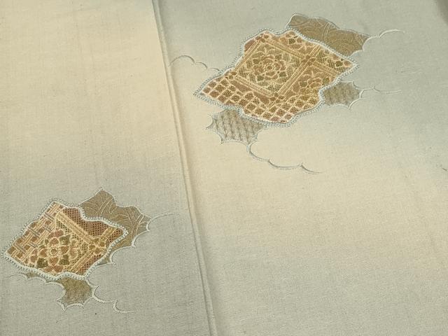 平和屋着物▽中国三大刺繍 スワトウ刺繍 訪問着 単衣 紬地 破れ色紙天井花文 金糸 正絹 逸品 CAAT9394dy