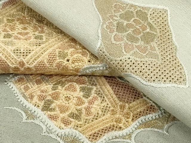 平和屋着物▽中国三大刺繍 スワトウ刺繍 訪問着 単衣 紬地 破れ色紙天井花文 金糸 正絹 逸品 CAAT9394dy
