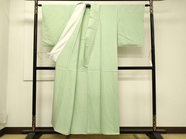 平和屋着物▽上質な色無地 単衣 吉祥地紋 若葉色 正絹 逸品 未使用 CAAT9497dy