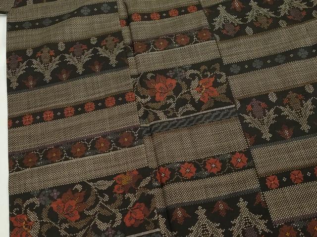 平和屋着物▽本場大島紬 単衣 7マルキ 横段更紗花文 正絹 逸品 CAAT9507dy