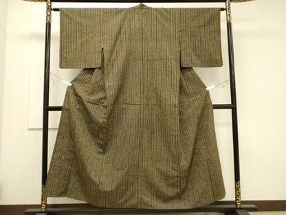 平和屋着物▽上質な紬　単衣　縞　正絹　逸品　CAAT9509dy