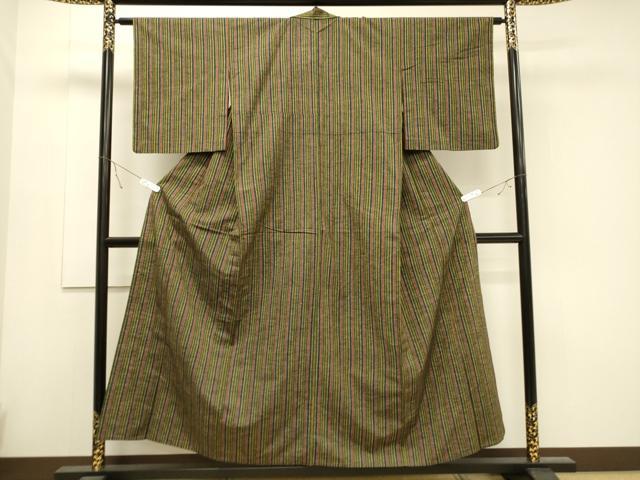 平和屋着物▽上質な紬　単衣　縞　正絹　逸品　CAAT9509dy