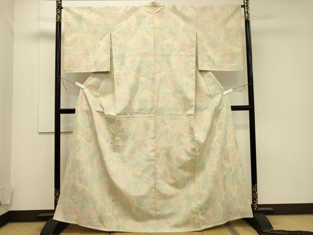 平和屋着物▽本塩沢 単衣 葉尽くし文 正絹 逸品 CAAT9511dy
